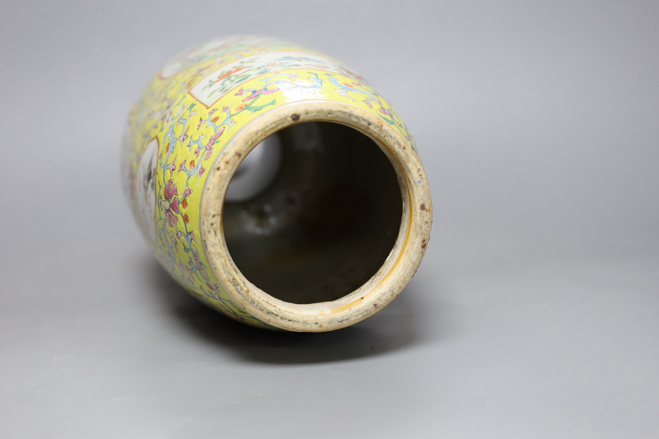 A 19th century Chinese yellow ground vase, base lacking, 36cm